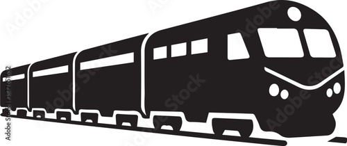 A minimalist black silhouette vector icon of a modern passenger train with multiple carriages