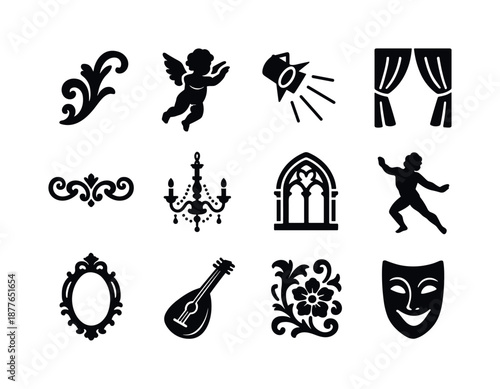 Baroque Icon Set. Baroque elements. Solid icon set of baroque elements: gold swirl, cherub figure, dramatic lighting icon, velvet curtain, ornamental scroll,