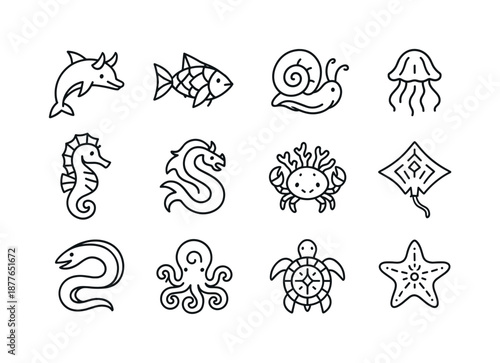 Atlantean Marine Icon Set. Atlantean marine creatures. Line icon set of Atlantean marine creatures: horned dolphin, crystal fish, spiral shell beast, glowing