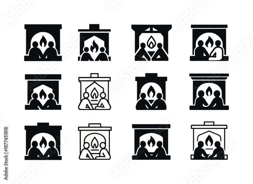 Fireside Icon Collection. People enjoying a warm fire in the fireplace. Icon set. Set Logo of people enjoying a warm fire in the fireplace: intimate fireside