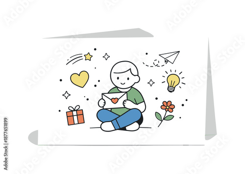 Minimalist Greeting Card Design. Greeting card layouts. A folded card mockup shown slightly open, simple icons and abstract shapes around suggesting