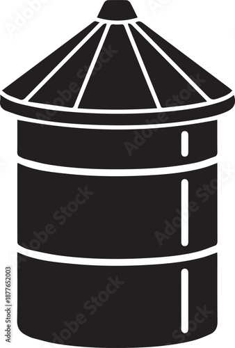 Agricultural grain silo or storage bin with a conical roof solid black glyph icon design