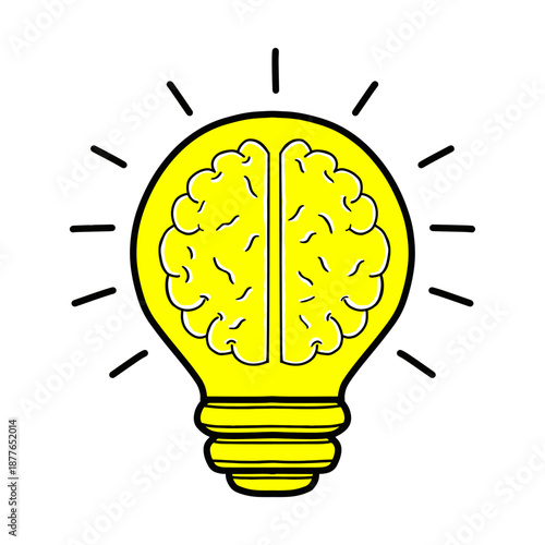 Creative hand drawn design of brain inside light bulb isolated on white. Smart idea lightbulb and brain concept