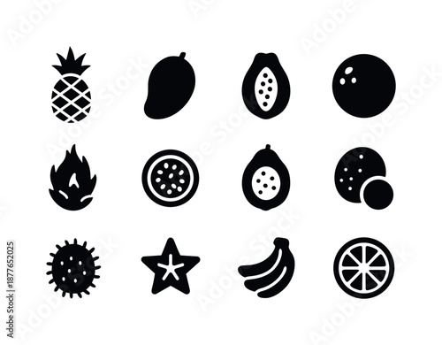 Tropical Fruit Icons. Tropical fruits. Solid icon set of tropical fruits: pineapple, mango, papaya, coconut, dragon fruit, passionfruit, guava, lychee,