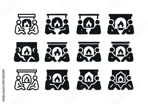 Cozy Fireplace Icons. People enjoying a warm fire in the fireplace. Icon set. Set Logo of people enjoying a warm fire in the fireplace: cozy sitting position.