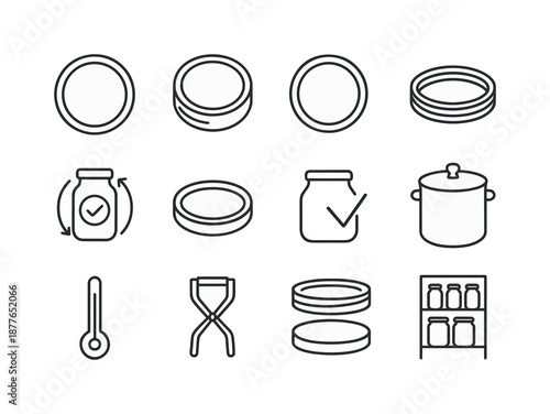 Canning Lid Icons Set. Canning lids. Line icon set of Canning lids: lid top view, lid underside, rubber ring, metal band, screw threads, airtight icon, jar