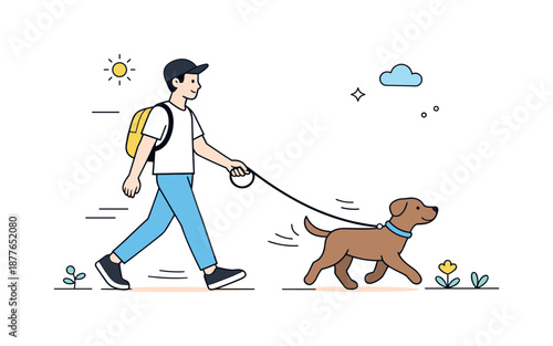 Peaceful Dog Walk. Walking the dog outdoors. Person and dog moving together with gentle motion lines. Relaxed daily walk and peaceful rhythm of life.
