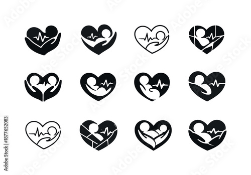 Newborn Care Icons. nurturing a newborn. Icon set. Set Logo of nurturing a newborn: gentle heartbeat. harmonious logo variations of the same emblematic