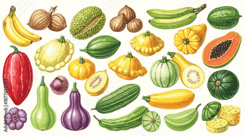 Hand drawn tropical fruits and vegetables collection, colorful organic produce illustrations on light background.