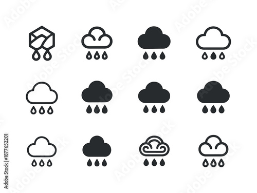 Rain Logo Variations. Rain formation. Icon set. Set Logo of rain formation: condensation in air. harmonious logo variations of the same emblematic concept,