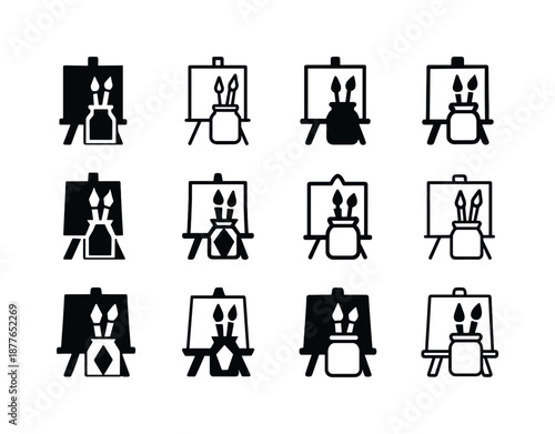 Open-Air Painting Logos. Open-air painting sessions. Icon set. Set Logo of open-air painting sessions: brush jar. harmonious logo variations of the same