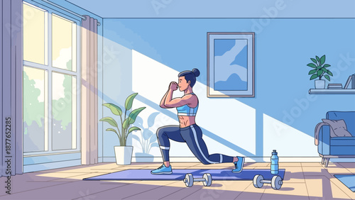 Young woman exercising indoors with dumbbells and yoga mat in bright living room.