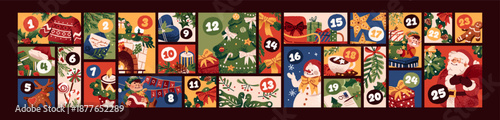 Design of Christmas advent calendar with figures and seasonal items. Template of countdown to xmas with gift of the day. Santa Claus presents box for winter holidays. Flat vector illustrations