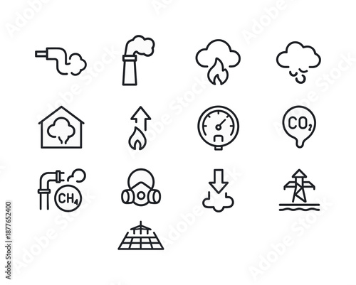 Carbon Emissions Icons. Carbon emissions. Line icon set of carbon emissions: exhaust pipe, smokestack, emission cloud, greenhouse icon, temperature rise arrow,