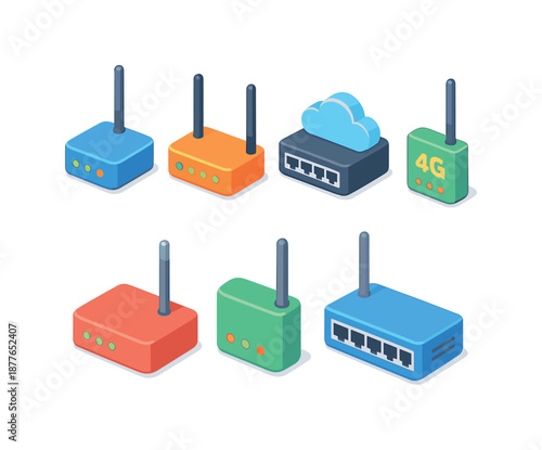Colorful Device Array. Device. Isometric flat vector icons set of device: router, modem, network switch. Arrange all isometric objects in a single horizontal
