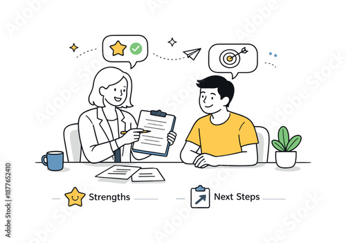 Constructive Feedback Session. Constructive feedback session. Manager and employee reviewing a document together, highlighting strengths and next steps. Mood