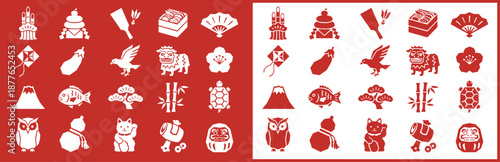 お正月と縁起物のアイコン20種類セット。赤と白のシンプルなフラットデザイン（ベクター）