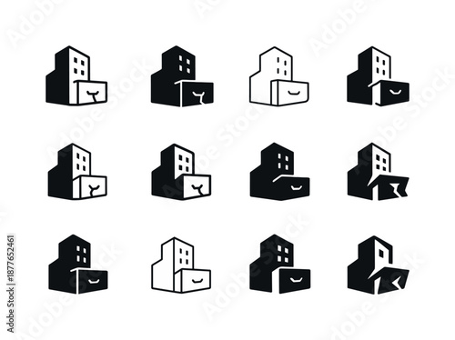 Building Drawer Logos. building opening a jammed drawer. Icon set. Set Logo of building opening a jammed drawer: drawer front with cracked edge. harmonious