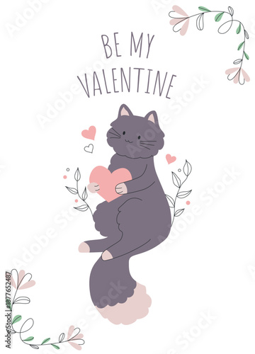 Valentine's day illustration of cute cat holding heart in its paws, with text be my valentine. Vector hand drawn design for pet lovers and romantic gifts.