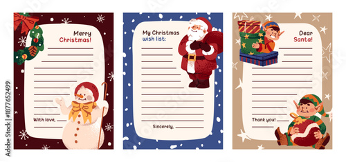 Set of cute designs of children's letters to Santa Claus. Blank templates of wish lists with place for text and funny Christmas characters. Cards layouts with Xmas messages. Flat vector illustrations