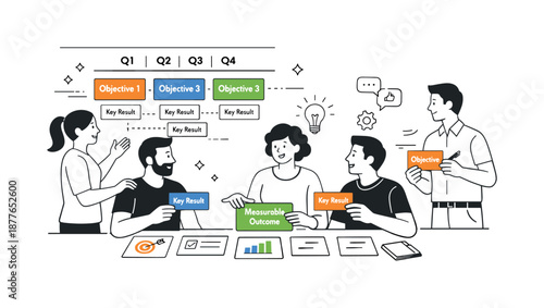OKR Planning Collaboration. OKR planning session. Team defining quarterly objectives and measurable outcomes using cards and timelines. Mood of alignment,