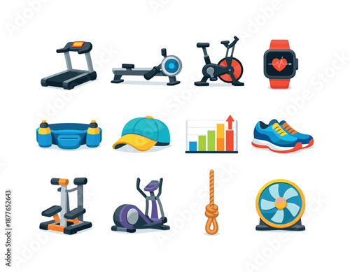 Endurance Equipment Icons. Endurance Training. Colorful flat vector icons set of Endurance Training: treadmill, rowing machine, air bike, heart-rate monitor,