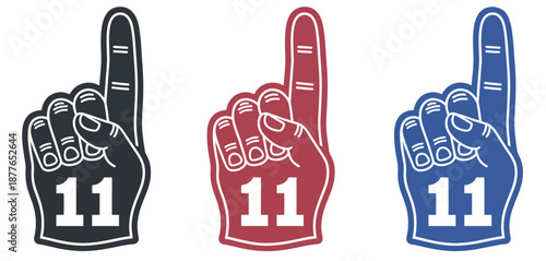 Foam Finger Number One Hand Symbols Vector Illustration in Colorful Black Red and Blue Designs for Sports Fans and Team Support