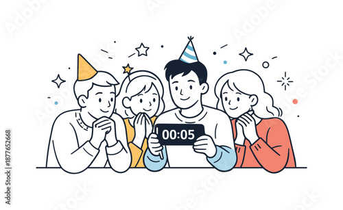 New Year Countdown Joy. Friends celebrating New Year countdown. Friends watching a countdown on a phone or screen with gentle anticipation. Quiet excitement