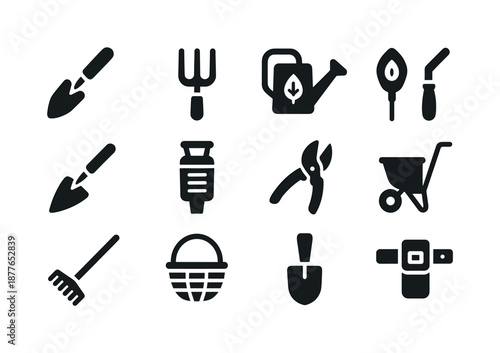 Sustainable Farm Tools Icons. Sustainable farm tools. Solid icon set of sustainable farm tools: hand trowel, garden fork, watering can, soil tester, eco hoe,