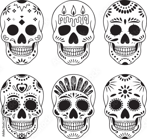 Sugar Skull Silhouette Bundle | Day of the Dead Skull Vector Set