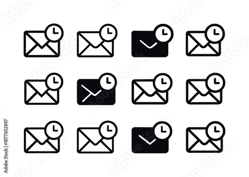 Email Response Icon Set. Responding to emails during work hours. Icon set. Set Logo of Responding to emails during work hours: scheduled email clock.