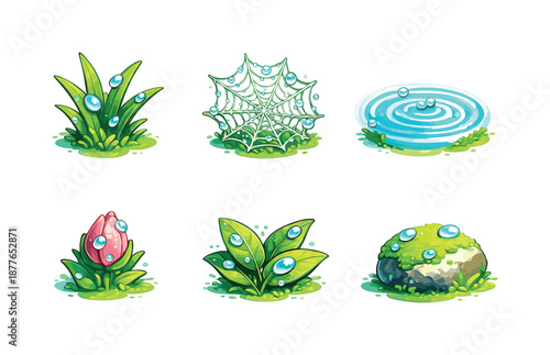 Morning Dew Icons. Morning Dew. Isometric flat vector icons set of Morning Dew: water droplets on grass, cobweb with dew, small pond ripple, flower bud with