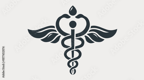 A stylized medical symbol featuring a staff entwined by serpents with wings and a top droplet