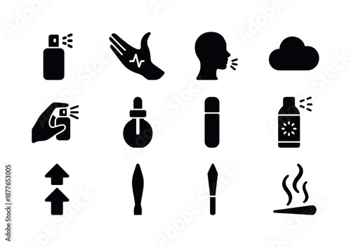 Perfume Icon Set. Perfume application. Solid icon set of perfume application: spray bottle, pulse points icon, wrist icon, neck silhouette, mist cloud,