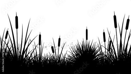 “Minimal black silhouette plants, swamp vegetation, reeds and grass clumps, flat graphic style”
