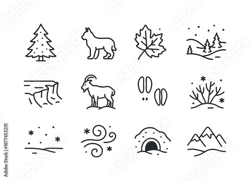 Winter Animal Icons. Snowy landscapes with animals in winter habitats. Line icon set of snowy landscapes with animals in winter habitats: snow-dusted pine,