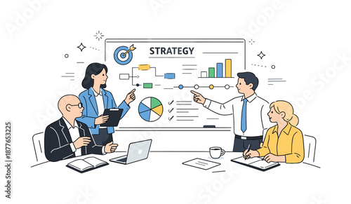 Executive Strategy Session. Corporate planning session. Executives collaborating around a large strategy board with charts, timelines, and key objectives.