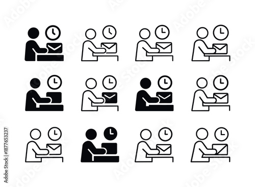 Office Email Icons. Responding to emails during work hours. Icon set. Set Logo of Responding to emails during work hours: office email productivity symbol.