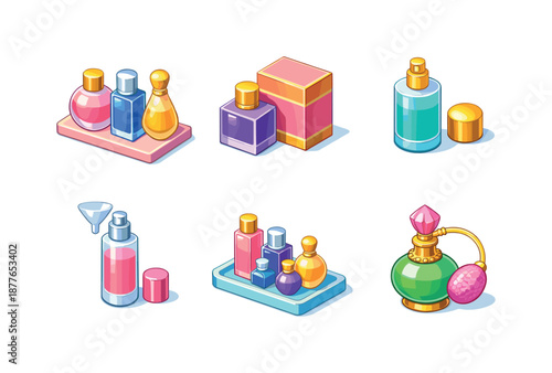 Isometric Fragrance Icons. Fragrance Collection. Isometric flat vector icons set of Fragrance Collection: perfume bottle trio set, bottle with box, open cap