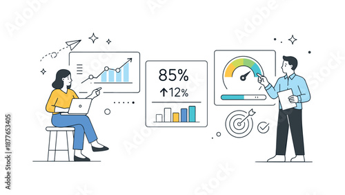 Business Dashboard Insights. Business performance tracking. Characters monitoring progress through clear visual dashboards. Sense of control and transparency,