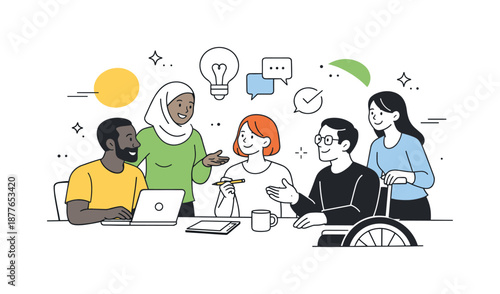 Inclusive Workplace Harmony. Inclusive workplace. Diverse colleagues working together in a friendly office environment, sharing ideas and supporting each