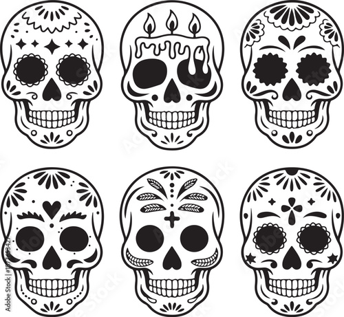 Sugar Skull Silhouette Bundle | Day of the Dead Skull Vector Set