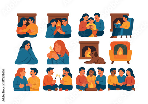 Cozy Fireplace Moments. People by the fireplace. Colorful flat vector icons set of people by the fireplace: couple sitting by fire, warm family moment, reading