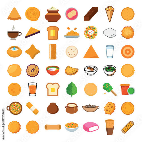 A colorful collection of traditional indian food and beverage icons in flat design style