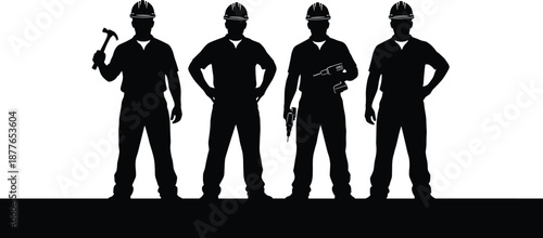 Black silhouette group of four construction worker men standing with tools and hard hats vector illustration on white background isolated.