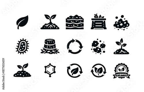 Organic Carbon Icons. Organic carbon. Solid icon set of organic carbon: leaf icon, plant root, soil layer, compost bin, microorganism, biomass icon, nutrient