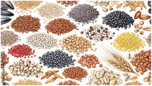 Hand drawn assorted beans and legumes collection, colorful organic seeds illustrated on light background.