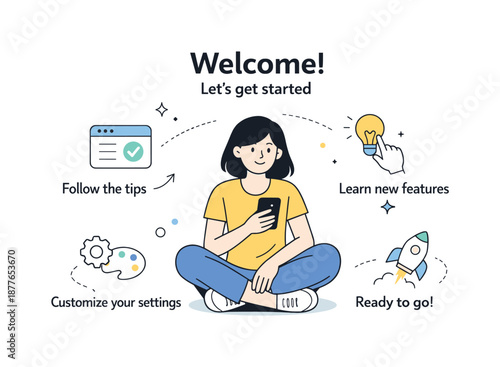 Welcoming User Experience. First-time user experience. New user moving through welcome screens with hints and tips, relaxed curiosity and confidence. Friendly