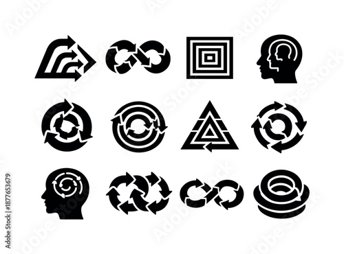 Recursive Thinking Icons. Recursive Thinking. Solid icon set of Recursive Thinking: self similar arrows, repeating pattern loop, recursion symbol, nested