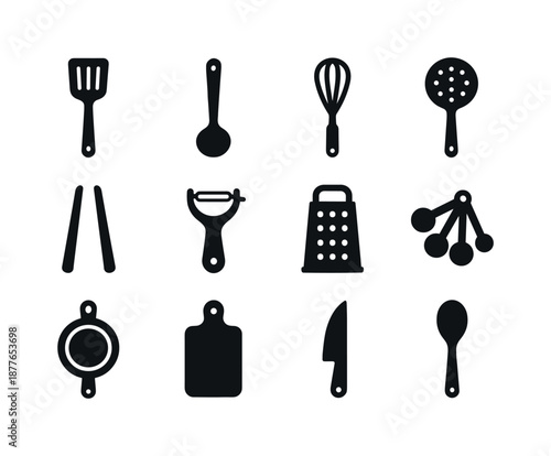 Kitchen Utensils Icons. Kitchen utensils. Solid icon set of kitchen utensils: spatula, ladle, whisk, slotted spoon, kitchen tongs, peeler, grater, measuring
